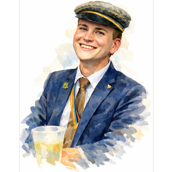 Illustration eines jungen Mannes mit Band und Hut, der in die Kamera lacht.