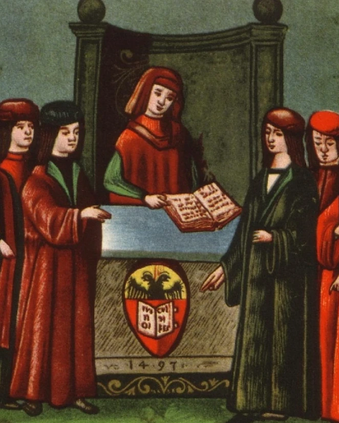 Illustration einer historischen Darstellung von Landsmannschaften an der Universität Bologna